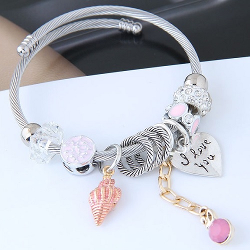 C0150712222 Pink Shell Heart ILOVEYOU Bead Silver Charm Bracelet - Click Image to Close